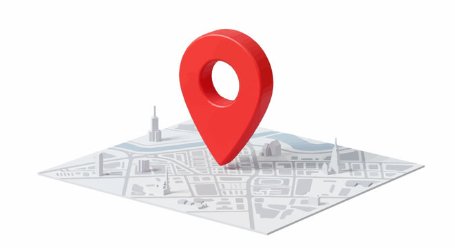 3D red location pin centered over a stylized city map with abstract buildings