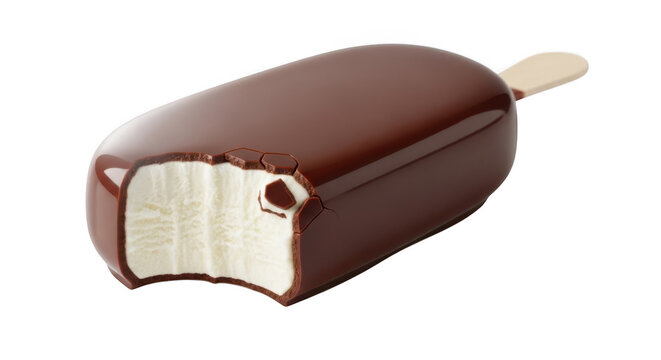 Chocolate coated ice cream bar with bite taken out on white stick isolated on transparent background