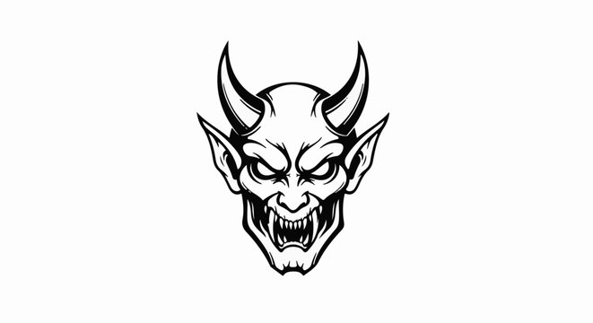 A black and white illustration of a monstrous devil's face with pointed ears and horns