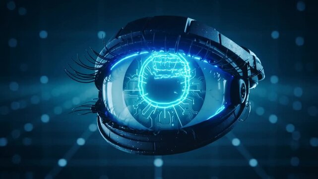 Futuristic robotic eye with glowing blue circuits and digital interface, technology concept for artificial intelligence and advanced cybernetic vision system design.