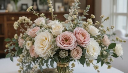 Obraz premium Beautiful Floral Arrangement With Roses and Greenery on a Table in a Cozy Indoor Setting