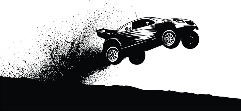 Black and white illustration of a car jumping on a hill with splashing effect isolated on white background