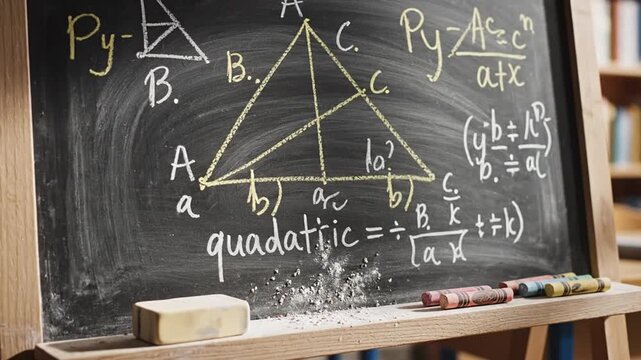 A chalkboard with mathematical equations and diagrams in a classroom setting with chalk and eraser