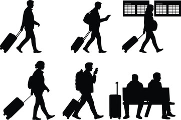 Fototapeta premium Silhouettes of people walking with luggage and sitting at an airport or train station suitcases