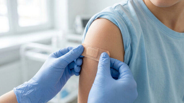 Medical professional applies a bandage to a patient's arm after a vaccination