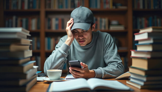 Young man looks at phone surrounded by books. He studies late, distracted by tech. Feels tired, stressed, facing exam or test pressure. College student needs focus.