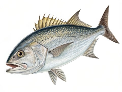 Detailed illustration of a silver and blue striped jack fish with its mouth open isolated on white background