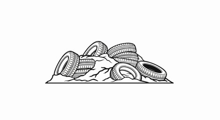 A black and white illustration of a pile of old tires on rough terrain © jaragan
