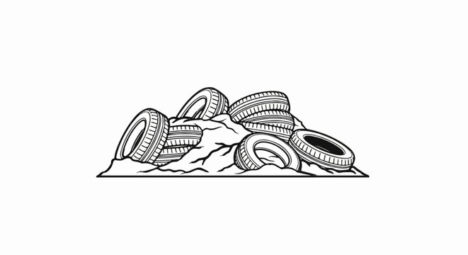 A black and white illustration of a pile of old tires on rough terrain