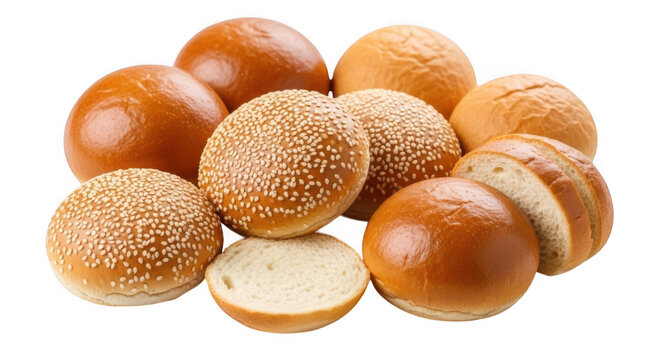 Assorted hamburger buns with sesame seeds and plain toppings on transparent background