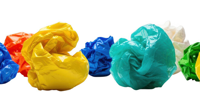 Colorful crumpled plastic bags in various vibrant hues isolated on transparent background