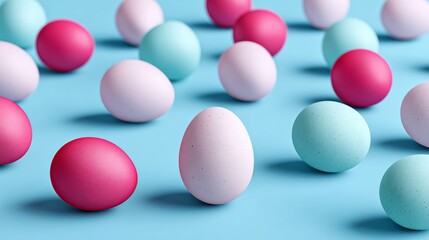 Colorful pastel eggs in pink, blue, and purple arranged on a light blue background, perfect for Easter celebrations and spring-themed decorations