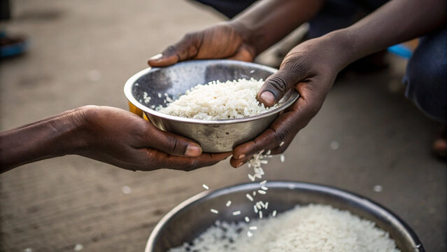 Food aid hand rice security challenge, sharing hunger relief community support, charity donation concept, grain nutrition care challenges