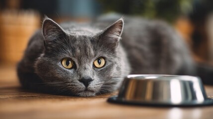 Gray domestic cat lying beside empty metal food bowl waiting to be fed