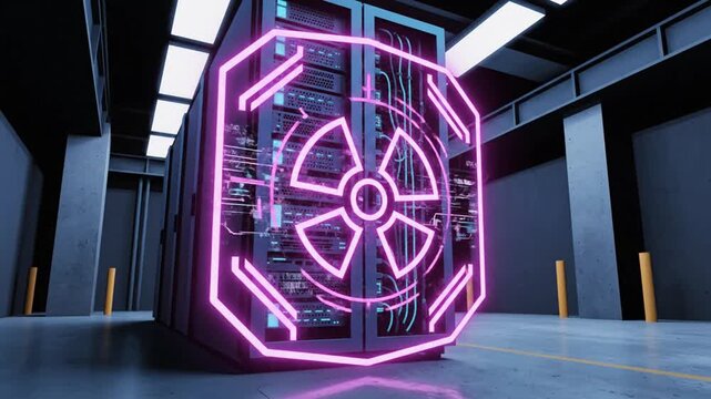 Futuristic glowing neon radioactive symbol superimposed on a server rack in a data center.