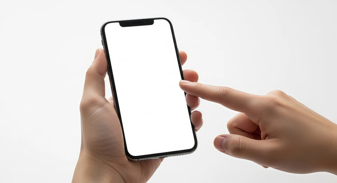 Close up of a person holding a modern smartphone with a blank white mockup screen, using an index finger to tap or swipe the display, isolated on a clean white background.