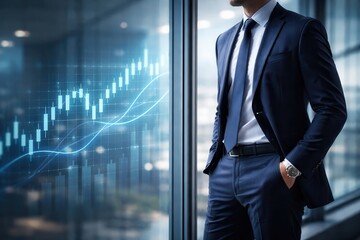 Fototapeta premium Professional businessman analyzing stock market data on digital screen in modern office with blue financial charts and cityscape background
