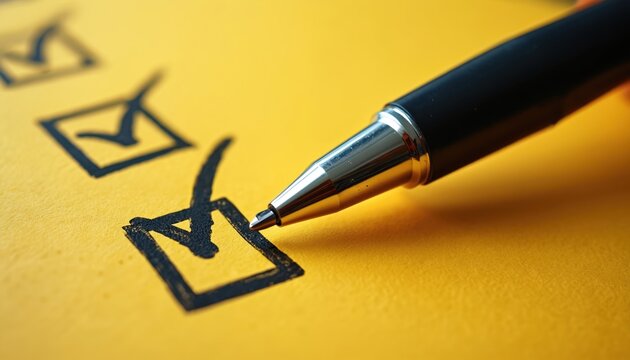 Pen marks checkbox on textured yellow paper. Close up of list items. Decision made, task done. Planning, work, success, goal achievement, verification.