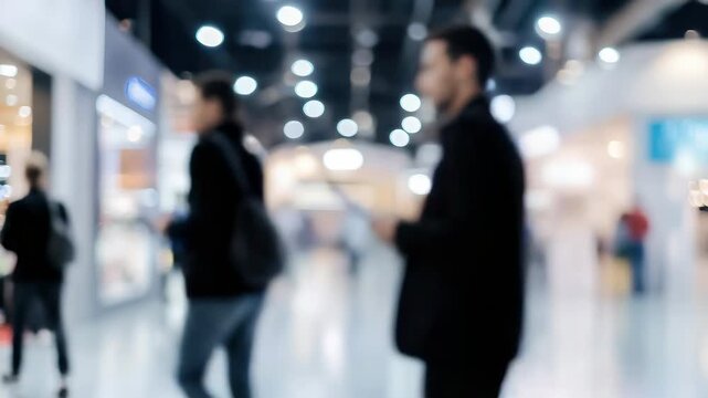 Trade show, blurred background of exhibition hall, conference center, bokeh, business exhibition, job fair, stock exchange. Advertising campaign concept for an organization, corporate event