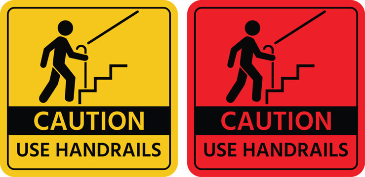 Caution signs with a person falling down stairs and a handrail