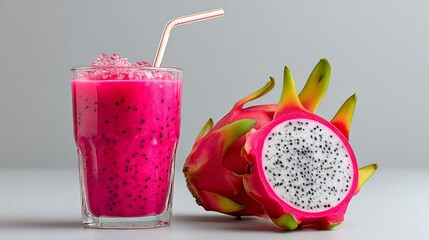 Bright pink dragon fruit smoothie in a glass with a straw beside a whole and sliced dragon fruit on a light gray background