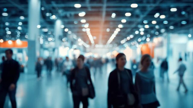 Trade show, blurred background of exhibition hall, conference center, bokeh, business exhibition, job fair, stock exchange. Advertising campaign concept for an organization, corporate event