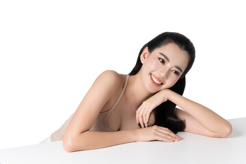 Fototapeta premium Close up of beauty young asian woman with glowing facial and body skin on transparent background.