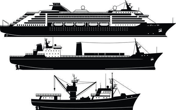 Cruise Ship Cargo Vessel and Fishing Boat Silhouettes Maritime Transport and Shipping Industry Vector Illustration Set
