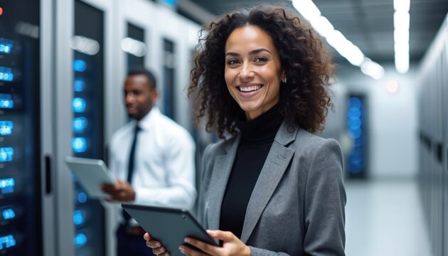 Smiling woman with tablet in data center works. Male colleague stands near server racks. Tech team manages modern computer equipment and network systems. People in tech industry.