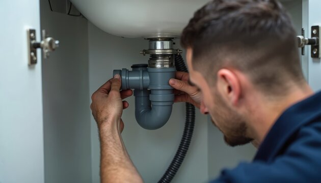 Man connects grey pipe under sink. Plumber repairs plumbing under kitchen basin. Pro installs drain fitting, fixes water system with tool. Home maintenance job.