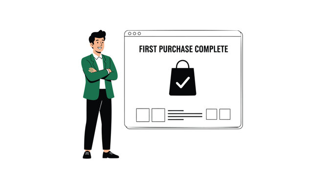 Vector illustration of man with arms crossed next to a browser window with a shopping bag and 'First Purchase Complete' text