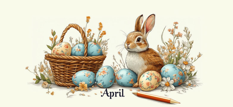 Ilustraci&oacute;n primaveral con conejo de Pascua rodeado de huevos decorados y flores sobre fondo pastel. Escena alegre que representa la tradici&oacute;n de Pascua, celebraci&oacute;n familiar y esp&iacute;ritu festivo. Abril