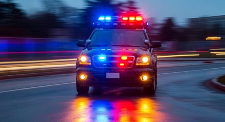 Fototapeta premium Police Car Responding to Emergency at Night.