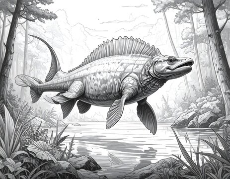 A monochrome illustration of a prehistoric shonisaurus in a natural habitat scene