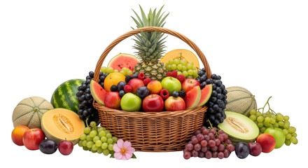 Vibrant fruit basket overflowing with colorful produce on transparent background