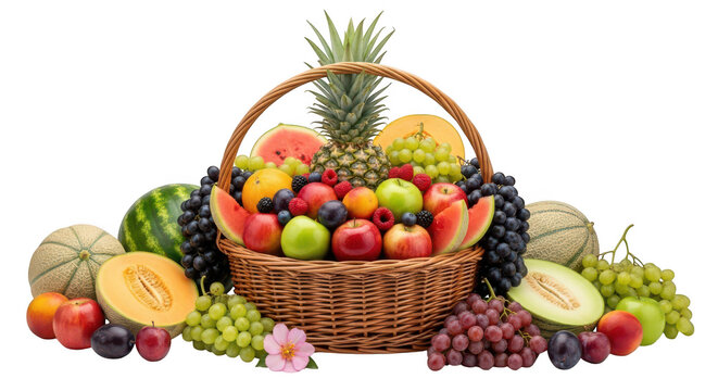 Vibrant fruit basket overflowing with colorful produce on transparent background