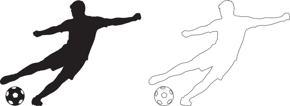 Black silhouette of soccer player kicking ball with dotted outline version