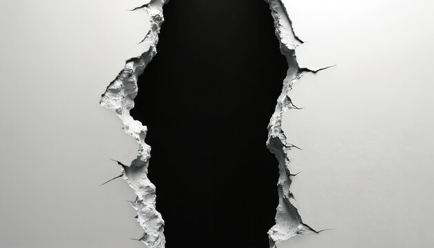 Abstract white wall rift reveals dark void. Jagged concrete edge suggests destruction or a breakthrough. Minimalist background with space for text.