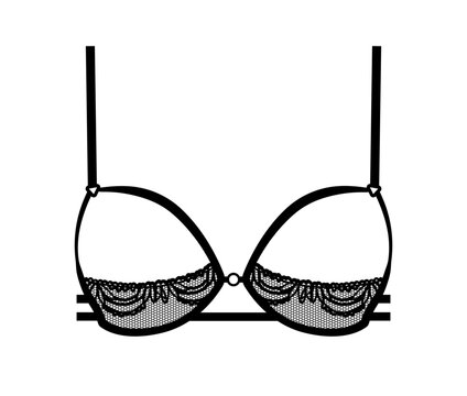 Black silhouette of a women's lace underwire bra with decorative trim and sheer mesh cups. Vector illustration of elegant feminine lingerie isolated on a white background.