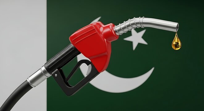 Fuel nozzle dripping oil in front of Pakistani flag background