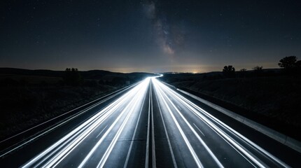 Brilliant white light streaks illuminating a dark highway path at night under a starry sky, capturing the essence of rapid movement and journey.