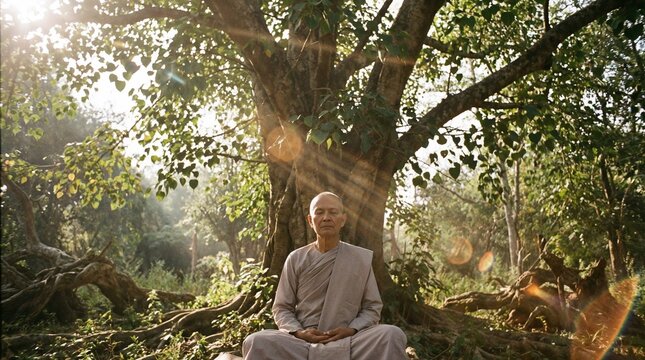Elderly Asian man meditating peacefully under a large tree in nature  