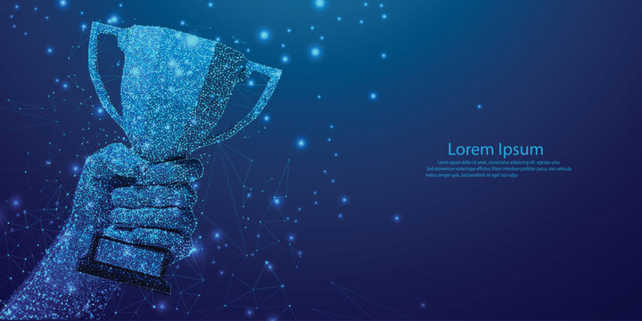Abstract image of a champion cup in hand in the form of a starry sky or space, consisting of points, lines, and shapes in the form of planets, stars and the universe. Vector business wireframe concept