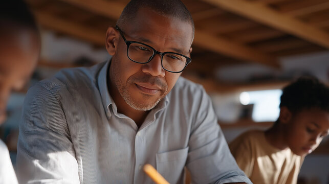 Formerly corporate executive teaches art class to children in community center, finding joy in simplicity, creative environment, ideal for career fulfillment stories, purpose discovery content, and