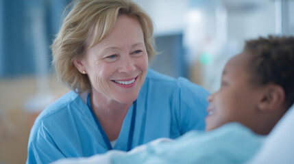 Fototapeta premium Pediatric nurse veteran comforts young patient in colorful hospital room, medical expertise combined with compassion, healing environment created, perfect for specialized nursing, children