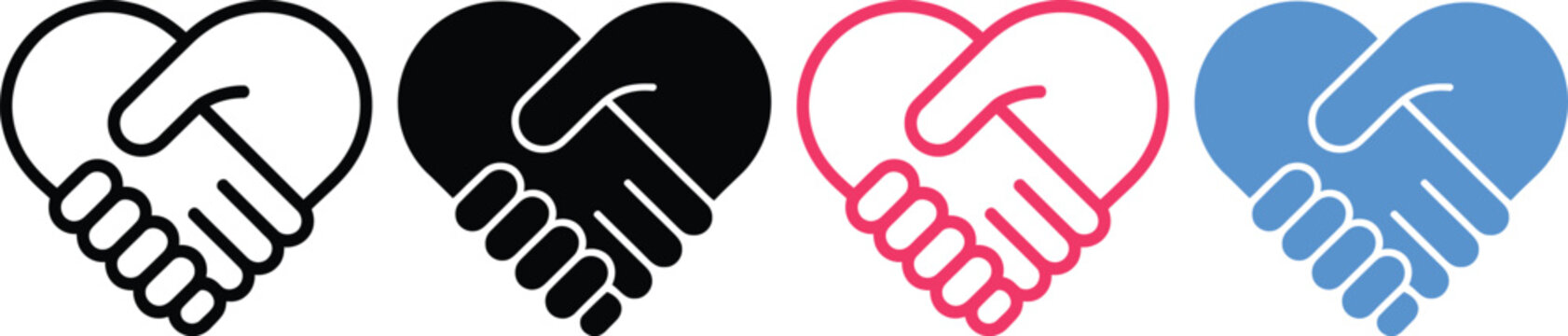Four differently colored handshake icons with heart shapes to represent unity and love
