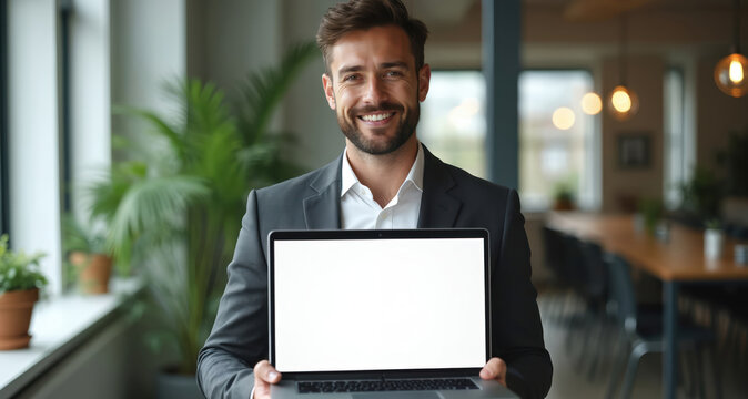 Young man in suit holds laptop computer with blank screen. Professional looking person smiles, shows empty display. Modern office background with plants and lights. Copy space available for your ad.
