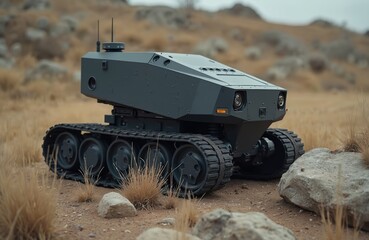Fototapeta premium Tracked robot moves across arid terrain. Unmanned vehicle navigates dry landscape with rocks and sparse grass. Future tech explores rough ground, adaptable to harsh environments.