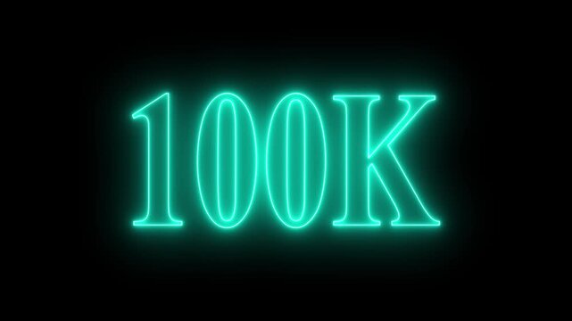 100K celebration effect motion video Glowing neon text icon animation on black background. 100k follower,100K subscribers milestone neon sign glowing blue light motion video footage 4k cinematic clip,