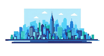 Fototapeta premium Blue cityscape skyline with skyscrapers and clouds in a modern urban landscape scene.